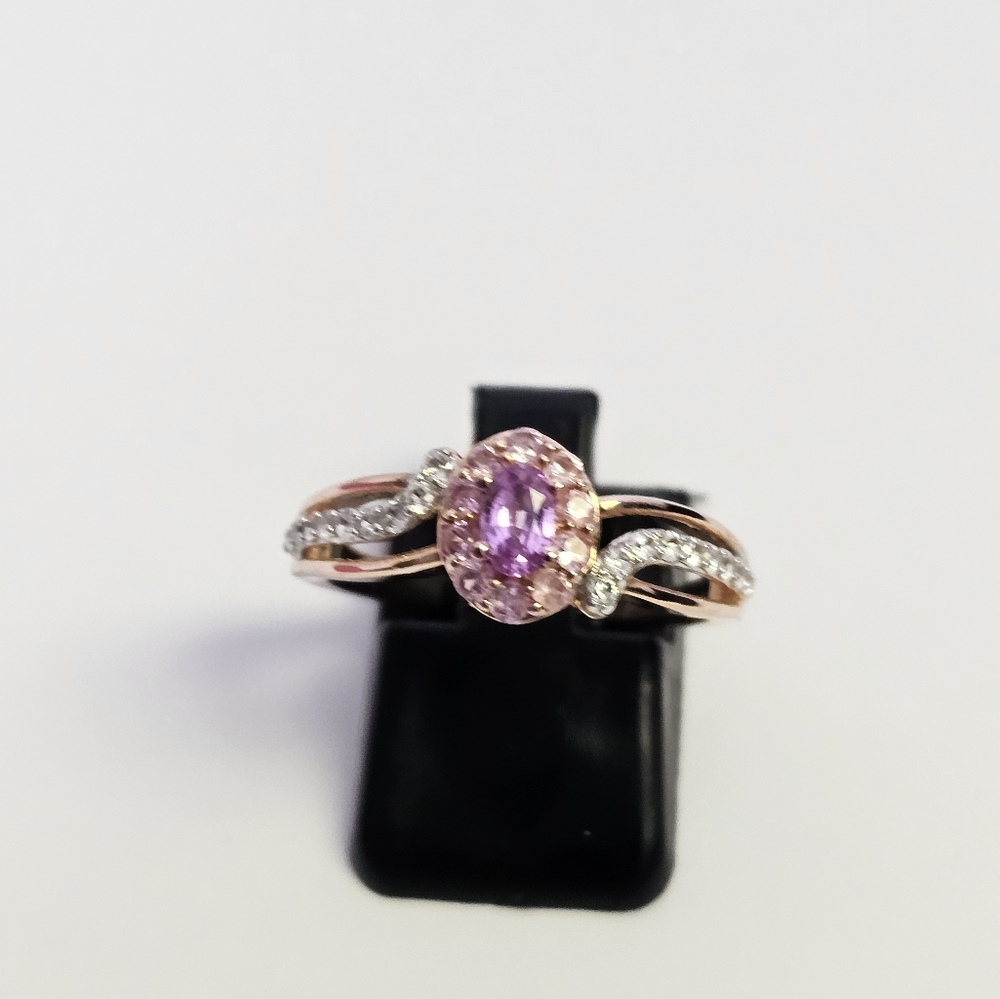 Natural Pink Sapphire & White Zircon Halo Ring in 14k Rose Gold/925 Size 7.5! - Picture 9 of 9